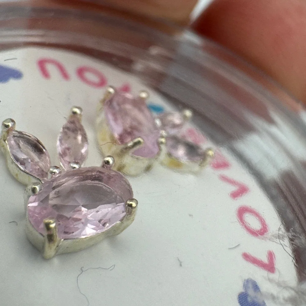 Pink Gemstone Bunny Rabbit Stud Earrings Silver Tone Easter Jewelry for Kids